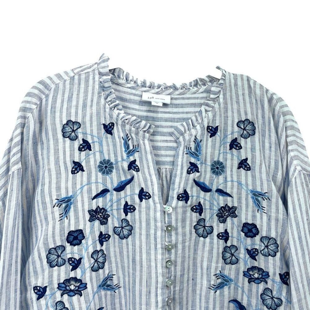 J. Jill 100% linen embroidered floral striped popover shirt top size M blue - Picture 3 of 8